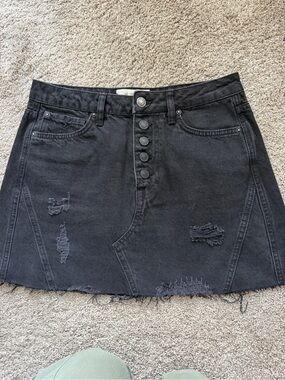 We The Free Black Distressed Button-Front Denim Mini Skirt